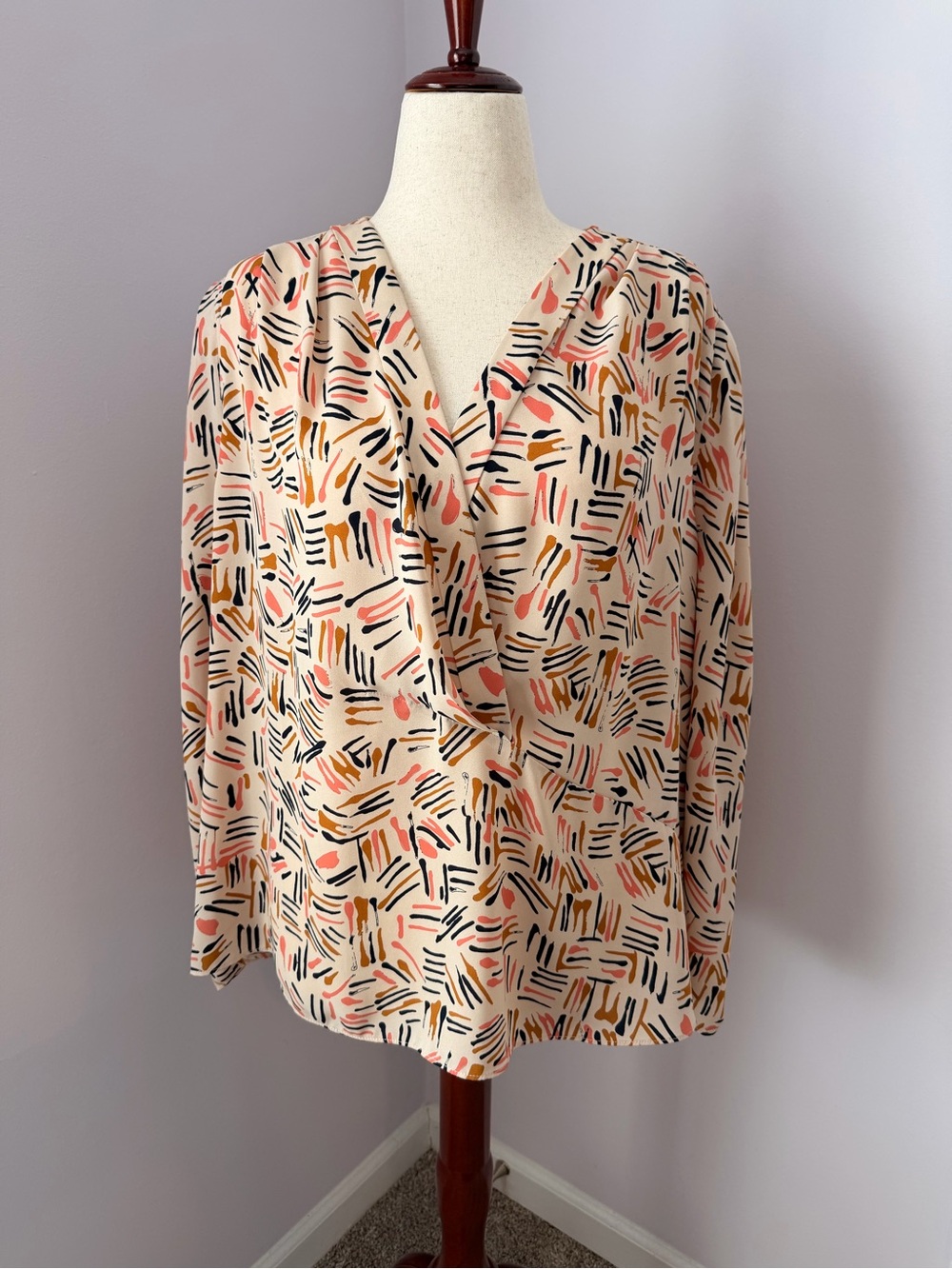 CAbi Cream Abstract Print Draped Blouse with Coral, Mustard & Black Accents